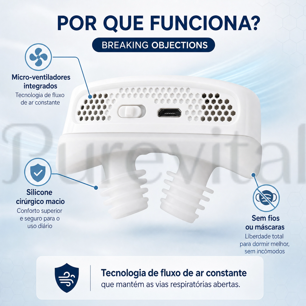 Dilatador eletrônico night fluo - Tratamento contra ronco e apneia de fluxo contínuo de ar | Purevital