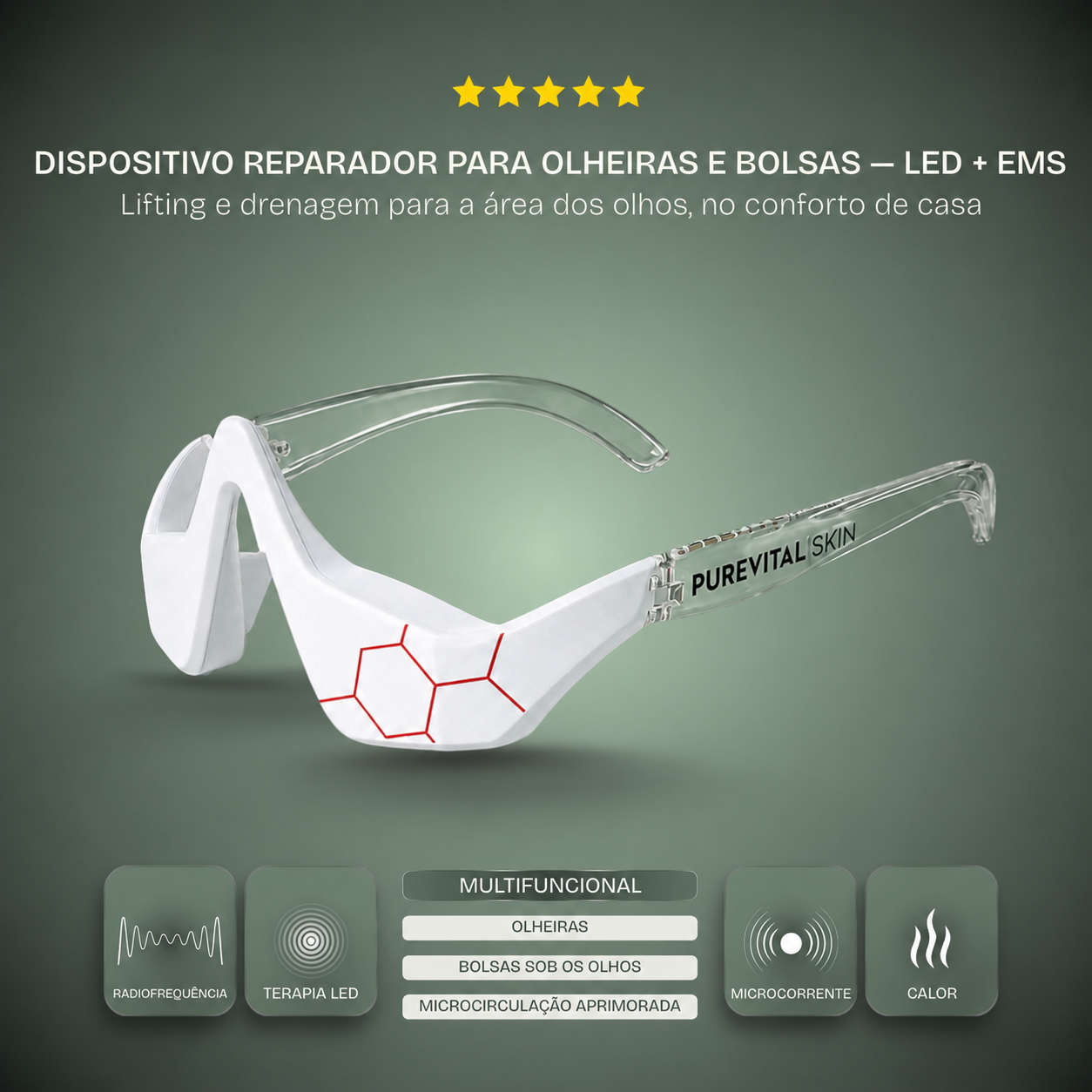 Óculos de Reparação de Bolsas e Olheiras — Microcorrente EMS e Luz Vermelha Terapêutica